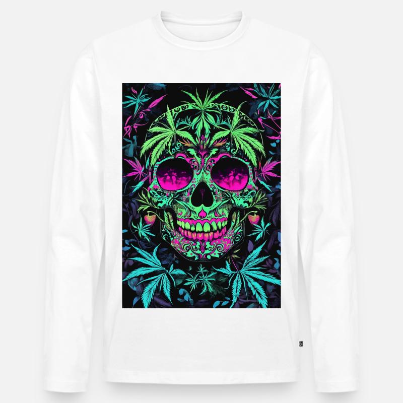 Neon Zucker Skull Hanfblätter - Männer Premium Bio Langarmshirt - Weiß