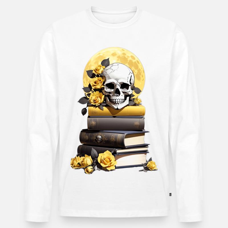 Bücherstapel mit Schädel - Männer Premium Bio Langarmshirt - Weiß