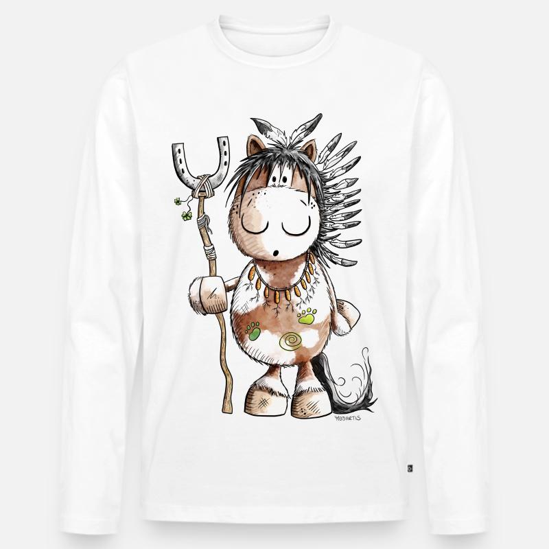 Häuptling Pferd Mit Indianer Federschmuck - Männer Premium Bio Langarmshirt - Weiß