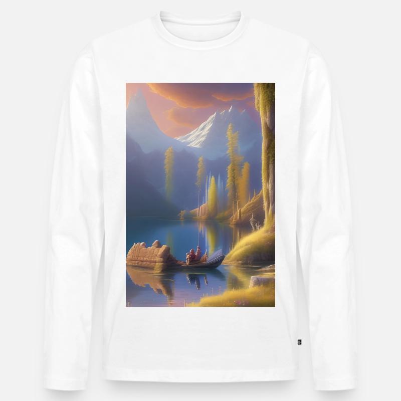 Landschaft mit See, Boot und Berge - Männer Premium Bio Langarmshirt - Weiß
