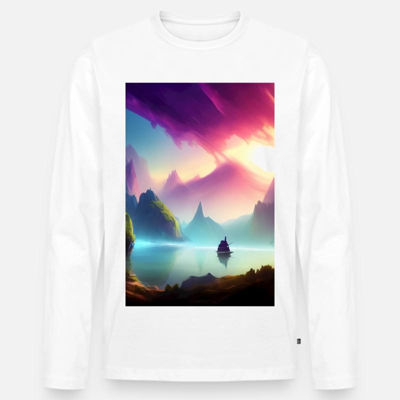 Landschaft mit See, Boot und Berge - Männer Premium Bio Langarmshirt - Weiß