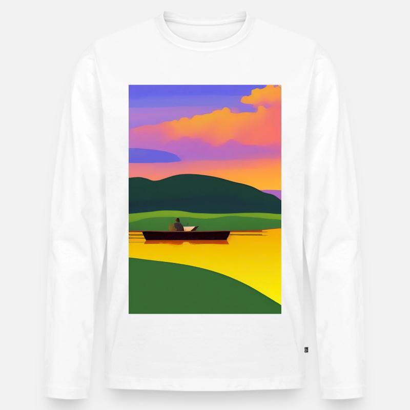 Landschaft mit See, Boot und Berge - Männer Premium Bio Langarmshirt - Weiß