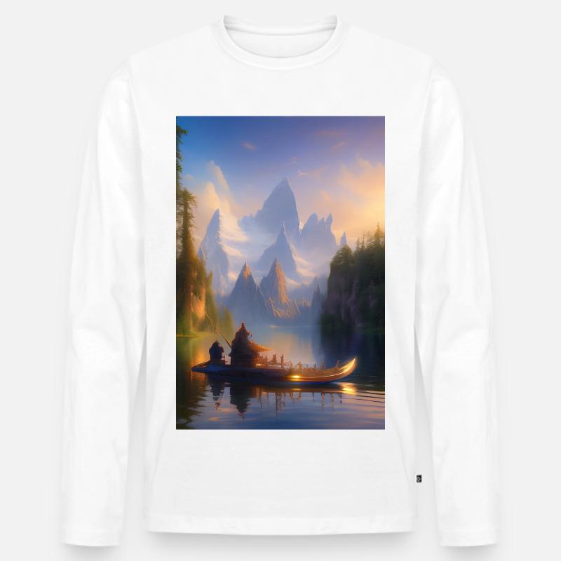 Landschaft mit See, Boot und Berge - Männer Premium Bio Langarmshirt - Weiß