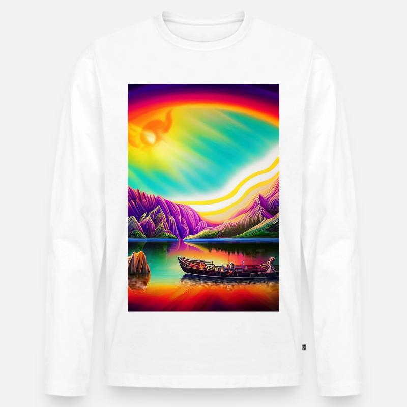 Landschaft mit See, Boot und Berge - Männer Premium Bio Langarmshirt - Weiß