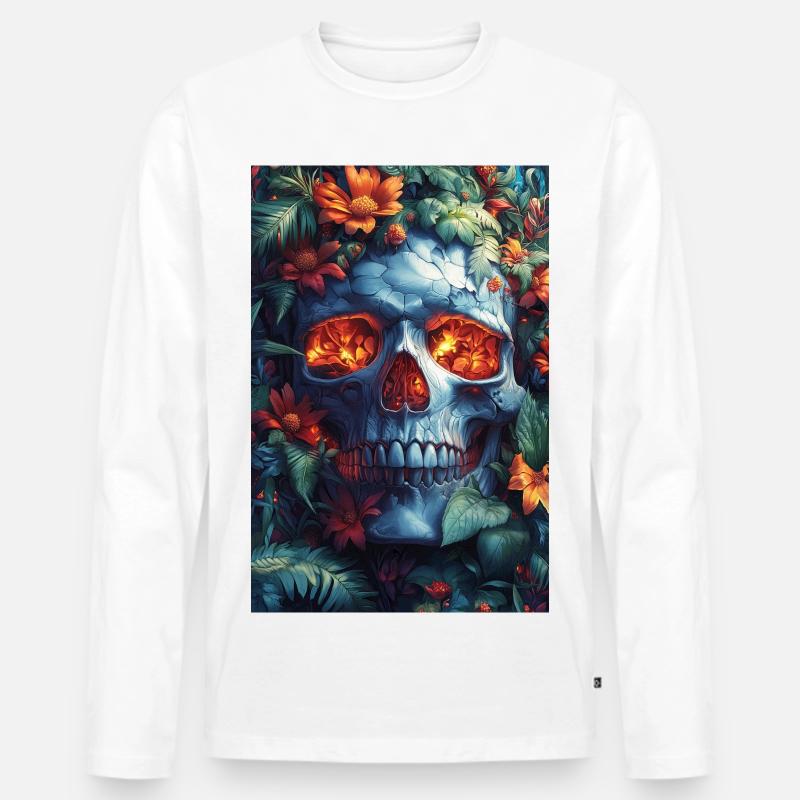 Flammender Schädel im Blütenreich - Männer Premium Bio Langarmshirt - Weiß