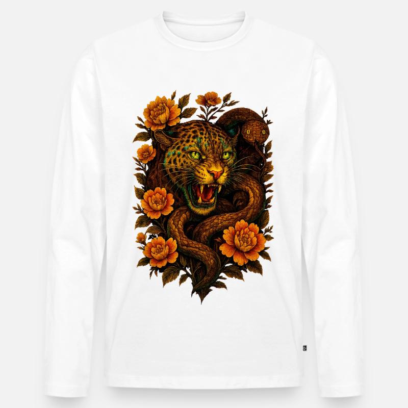 Fauchender Leopard & Schlange im Retro Design - Männer Premium Bio Langarmshirt - Weiß