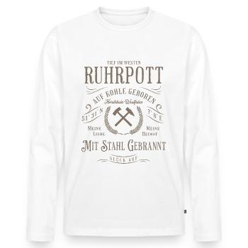 Ruhrpott - Auf Kohle geboren - Mit Stahl gebrannt - Männer Premium Bio Langarmshirt - Weiß - Vorne - Nico (187cm)