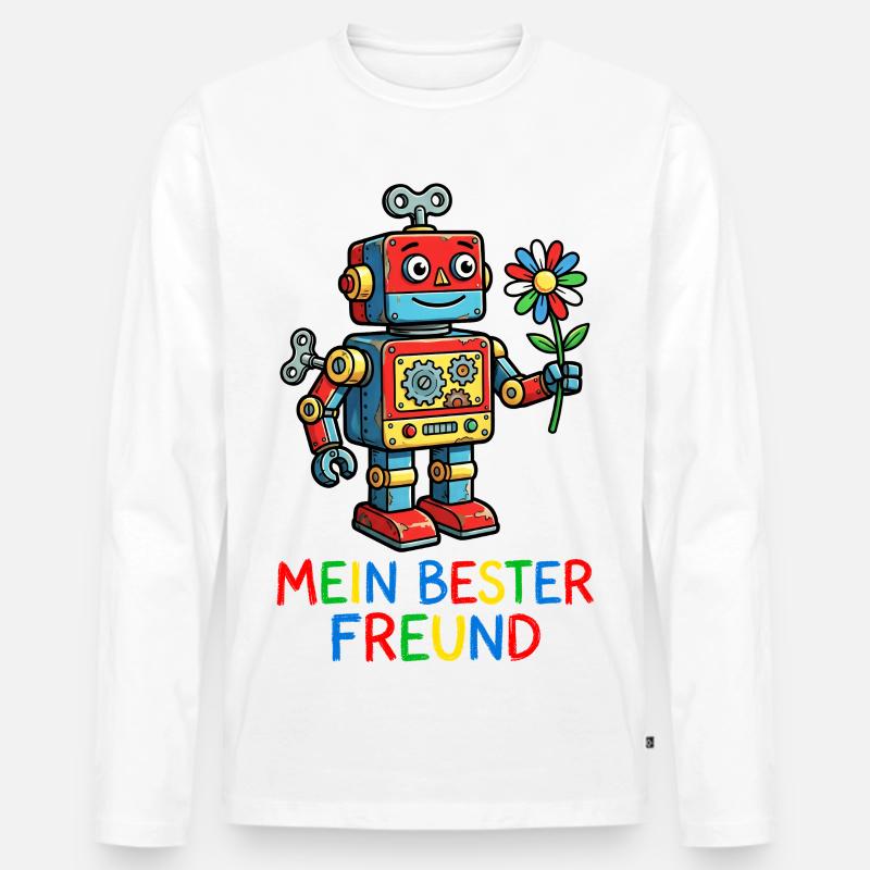 Farbenfroher Roboterfreund mit Blume - Männer Premium Bio Langarmshirt - Weiß