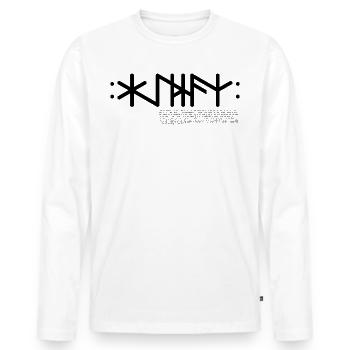 Haithnaz "Heathe (n) / Pagan" text + info, QRF0 © - Men's Premium Organic Long Sleeve Shirt - white - Front - Nico (187cm)