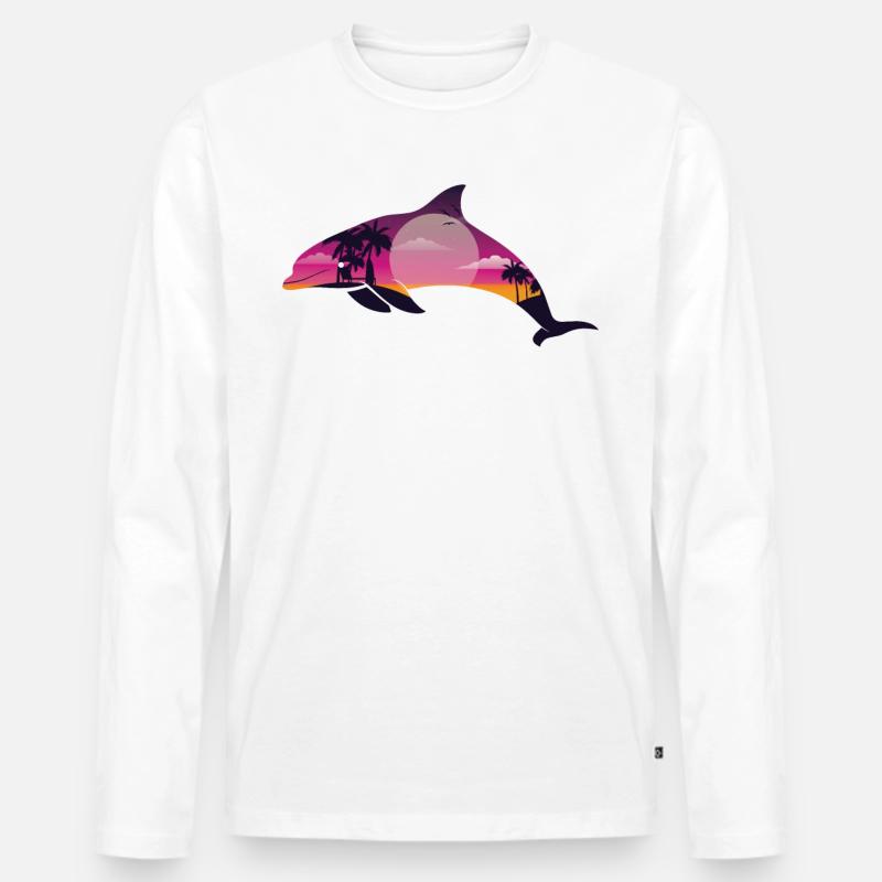 Dolphin Palm Tree Sunset - Männer Premium Bio Langarmshirt - Weiß