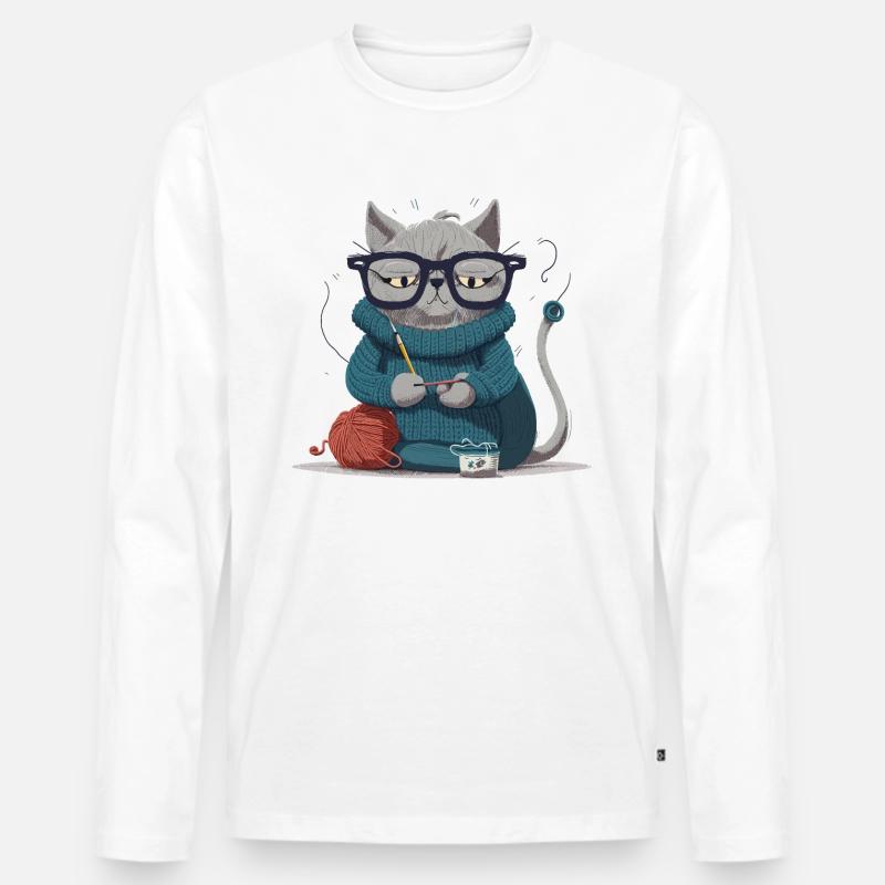 Strickende Katze - Männer Premium Bio Langarmshirt - Weiß