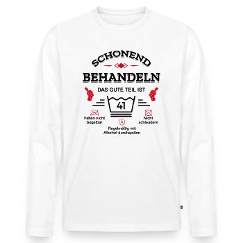 HANDLE MIT SORGFALT – 41 JAHRE PERFEKTION - Männer Premium Bio Langarmshirt - Weiß - Vorne - Nico (187cm)