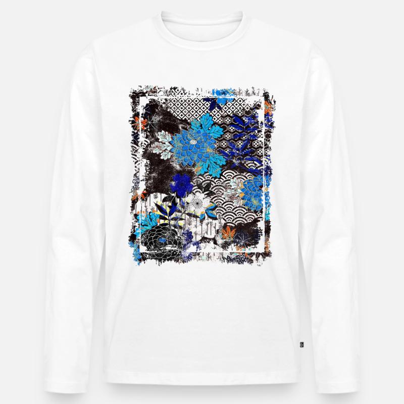 Japanisches Blumenmuster Chrysanthemenkirsche - Männer Premium Bio Langarmshirt - Weiß