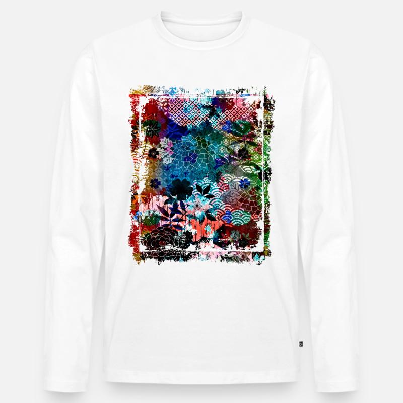 Japanisches Blumenmuster Chrysanthemenkirsche - Männer Premium Bio Langarmshirt - Weiß