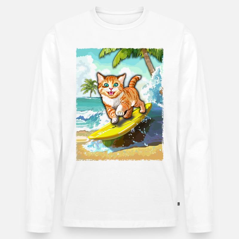 surfende Katze - Katze Surfbrett - Männer Premium Bio Langarmshirt - Weiß