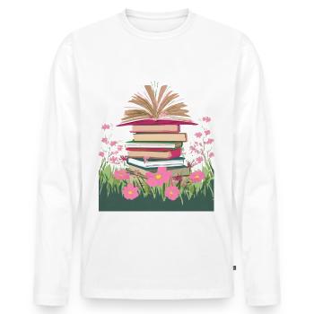 A stack of books in a flower meadow - Men's Premium Organic Long Sleeve Shirt - white - Front - Nico (187cm)