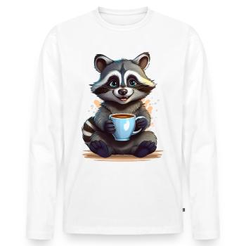 Ein glücklicher Waschbär mit einer Tasse Kaffee - Männer Premium Bio Langarmshirt - Weiß - Vorne - Nico (187cm)
