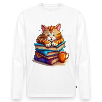 Cute cat sleeping on a pile of books - Men's Premium Organic Long Sleeve Shirt - white - Front - Nico (187cm)