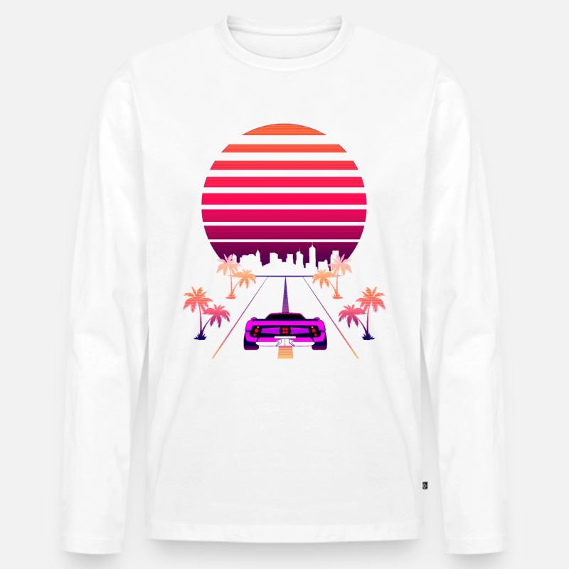 Synthwave Sunset und Retro 80s Sport Fast Car - Männer Premium Bio Langarmshirt - Weiß