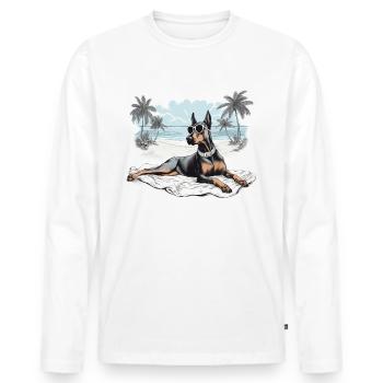 Doberman avec des lunettes de soleil à la plage - T-shirt manches longues Premium bio Homme - blanc - Devant - Nico (187cm)