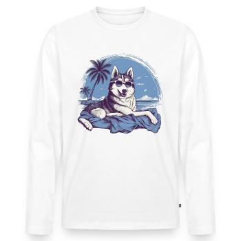 Husky mit Sonnenbrille am Strand - Männer Premium Bio Langarmshirt - Weiß - Vorne - Nico (187cm)
