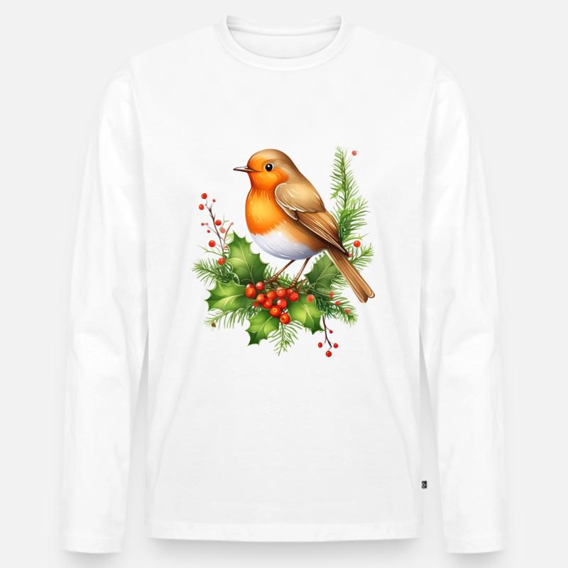 Rotkehlchen mit Stechplame - Männer Premium Bio Langarmshirt - Weiß