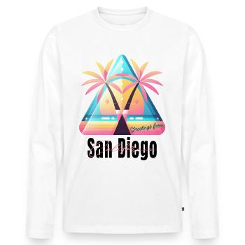 Salutation rétro californienne - palmiers au coucher du soleil - T-shirt manches longues Premium bio Homme - blanc - Devant - Nico (187cm)