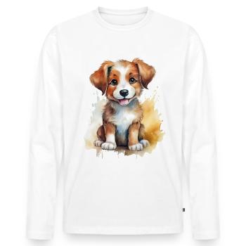 Chien chiot Illustration à l’aquarelle - T-shirt manches longues Premium bio Homme - blanc - Devant - Nico (187cm)