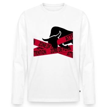 Zone de feria - banderole attention fête Féria - T-shirt manches longues Premium bio Homme - blanc - Devant - Nico (187cm)