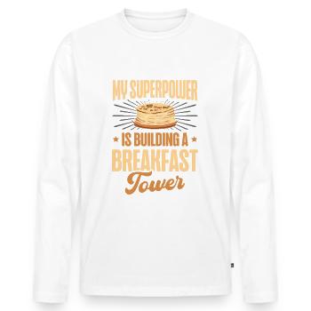 My superpower is building a breakfast tower - Men's Premium Organic Long Sleeve Shirt - white - Front - Nico (187cm)