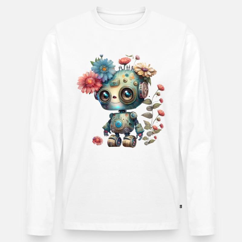 Kleiner Roboter mit Blumen - Männer Premium Bio Langarmshirt - Weiß