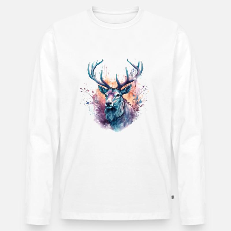 Hirsch Bunt Aquarell - Männer Premium Bio Langarmshirt - Weiß