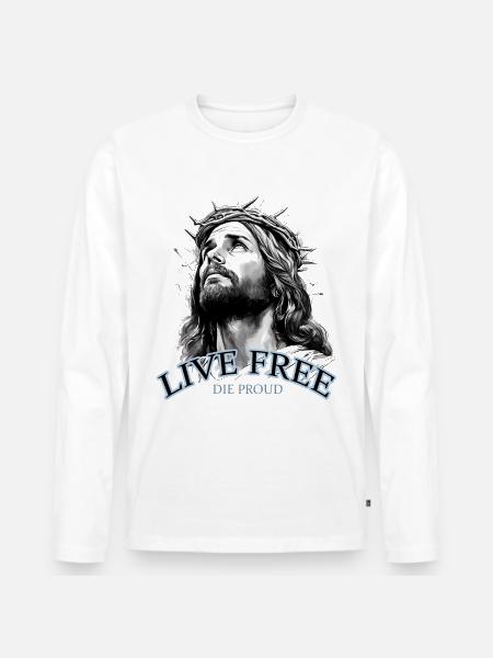 JESUS MED EN TORNEKRONE LEVER FRI DE STOLT - Premium økologisk langermet T-skjorte for menn - hvit