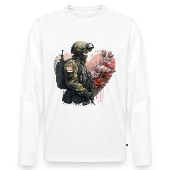 Soldat avec des fleurs et du cœur en arrière-plan - T-shirt manches longues Premium bio Homme - blanc - Devant - Nico (187cm)