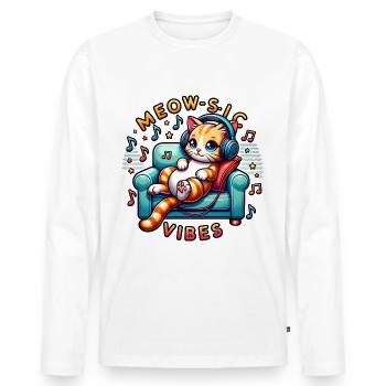 Meow-Sic Vibes: Entspannte Katze Mit Kopfhörern - Männer Premium Bio Langarmshirt - Weiß - Vorne - Nico (187cm)