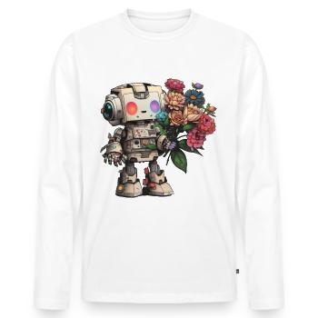Robot avec bouquet de fleurs - T-shirt manches longues Premium bio Homme - blanc - Devant - Nico (187cm)