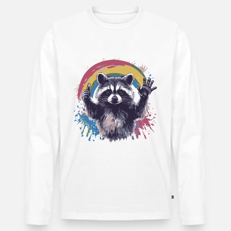 Waschbär Farbkleckse Regenbogen - Männer Premium Bio Langarmshirt - Weiß