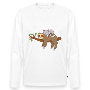 Paresseux avec chat dormir matin - T-shirt manches longues Premium bio Homme - blanc - Devant - Nico (187cm)