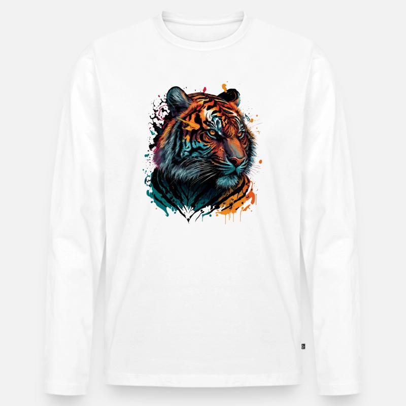 Bunter Tiger - Männer Premium Bio Langarmshirt - Weiß