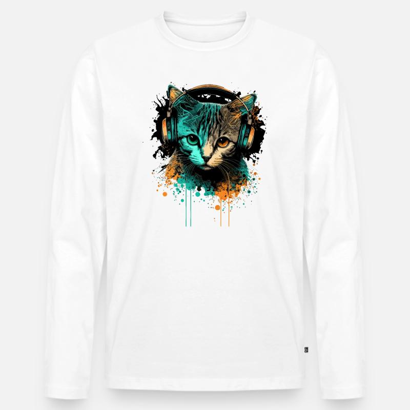 Musik Kätzchen - Männer Premium Bio Langarmshirt - Weiß
