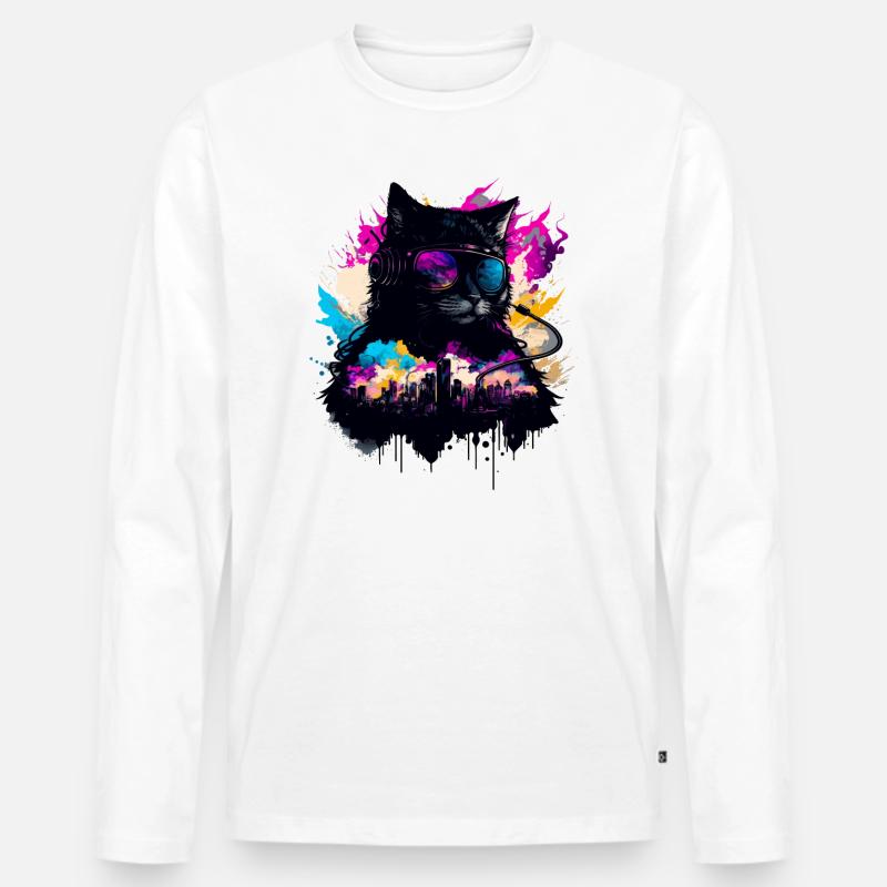 Dark Dj Katze - Männer Premium Bio Langarmshirt - Weiß