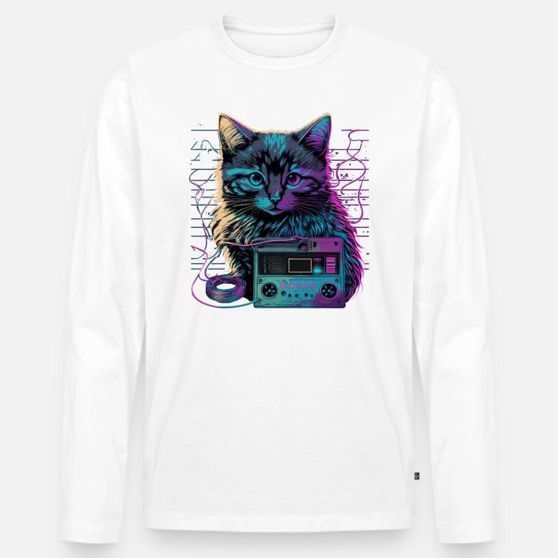 Katze mit Kassette - Männer Premium Bio Langarmshirt - Weiß