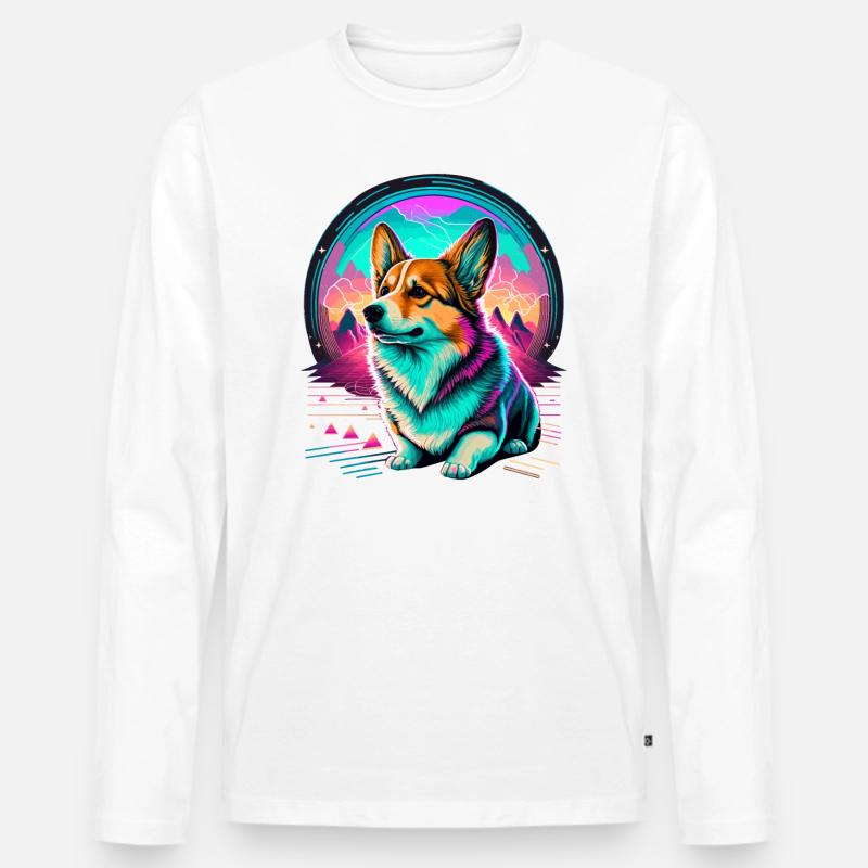 Corgi Neon Style auf den Bergen - Männer Premium Bio Langarmshirt - Weiß