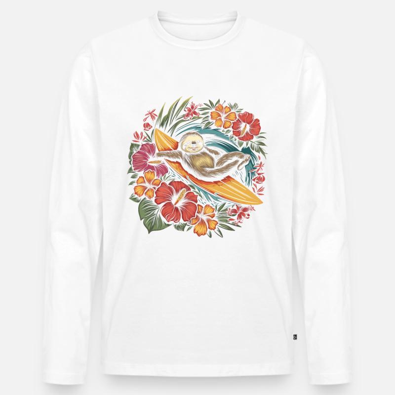 Faultier Surfer Lustig Geschenk - Männer Premium Bio Langarmshirt - Weiß