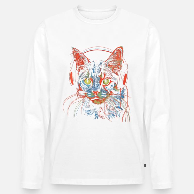 Katze Musik Kopfhörer Geschenk - Männer Premium Bio Langarmshirt - Weiß