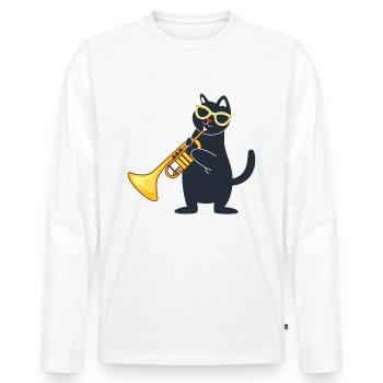 lustige Katze mit Sonnenbrille spielt Trompete - Männer Premium Bio Langarmshirt - Weiß - Vorne - Nico (187cm)