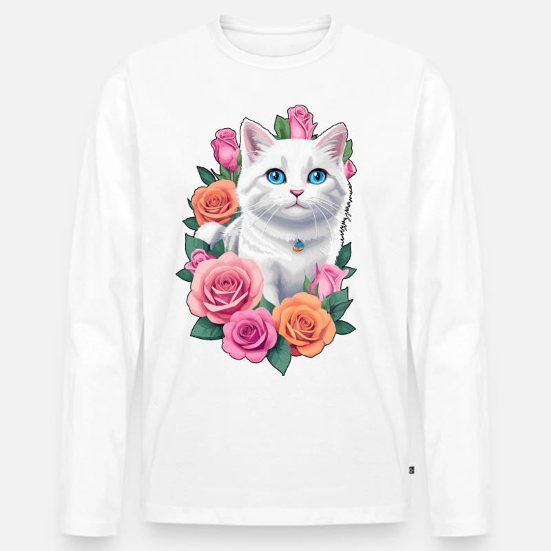 Katze mit Rosen - Männer Premium Bio Langarmshirt - Weiß
