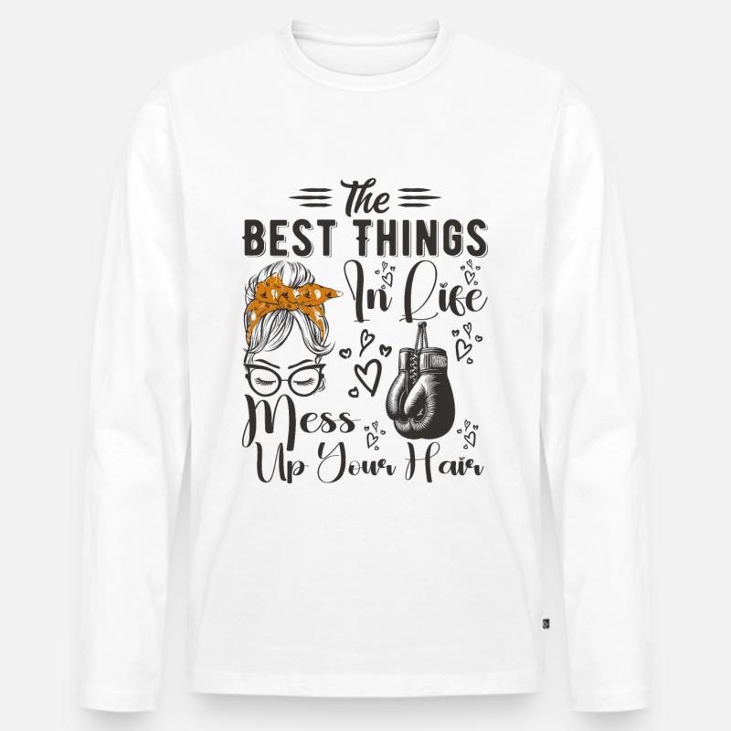 Die besten Dinge im Leben bringen Ihre Haare durcheinander Boxen - Männer Premium Bio Langarmshirt - Weiß