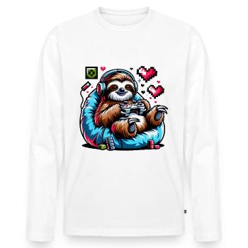 Relaxed Gamer Sloth with Controller - Men's Premium Organic Long Sleeve Shirt - white - Front - Nico (187cm)