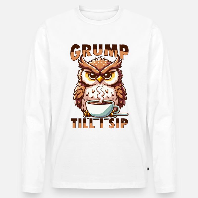 Mürrische Eule Mit Kaffee - Männer Premium Bio Langarmshirt - Weiß